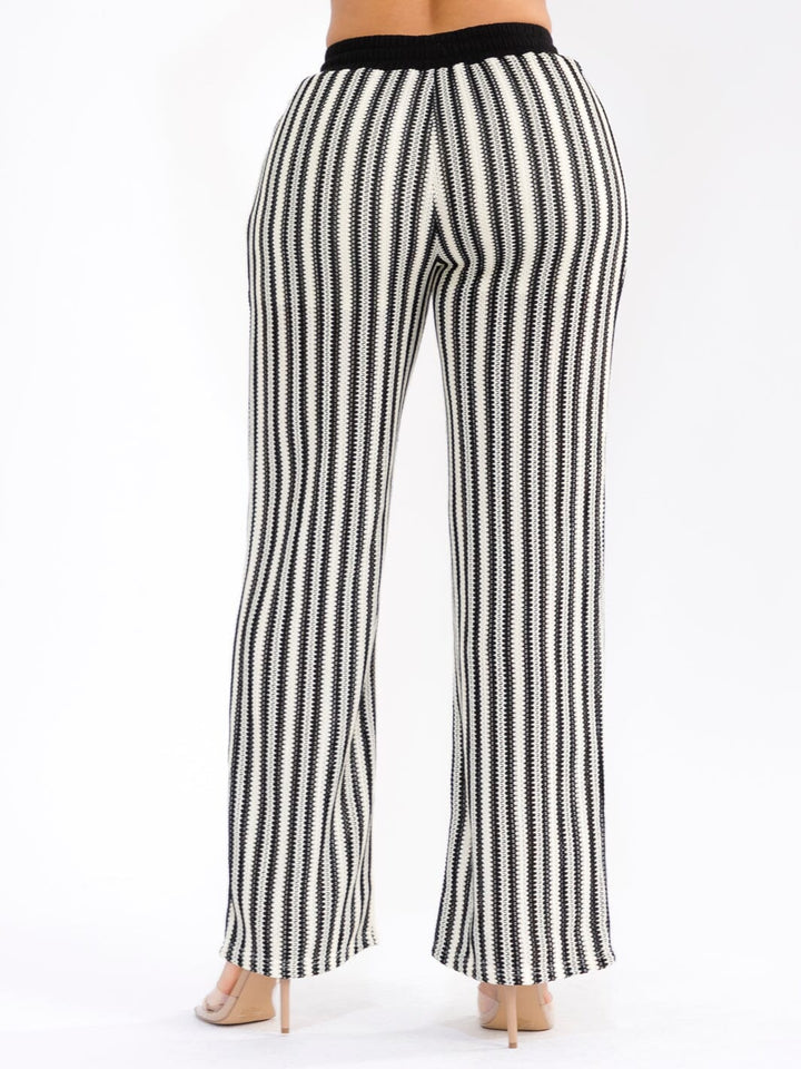 WOMEN'S ELASTIC WAIST COLORBLOCK STRIPES CROCHET WIDE LEG PANTS
