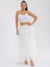 WOMEN'S ELASTIC WAIST RUFFLE TIERED SWISS DOTS MAXI SKIRT