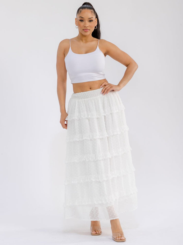 WOMEN'S ELASTIC WAIST RUFFLE TIERED SWISS DOTS MAXI SKIRT