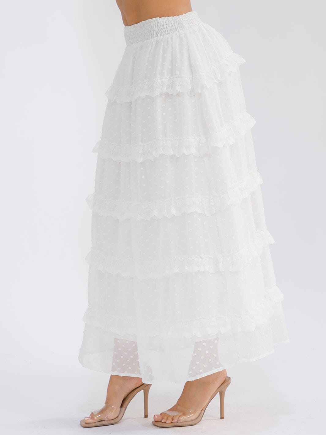 WOMEN'S ELASTIC WAIST RUFFLE TIERED SWISS DOTS MAXI SKIRT