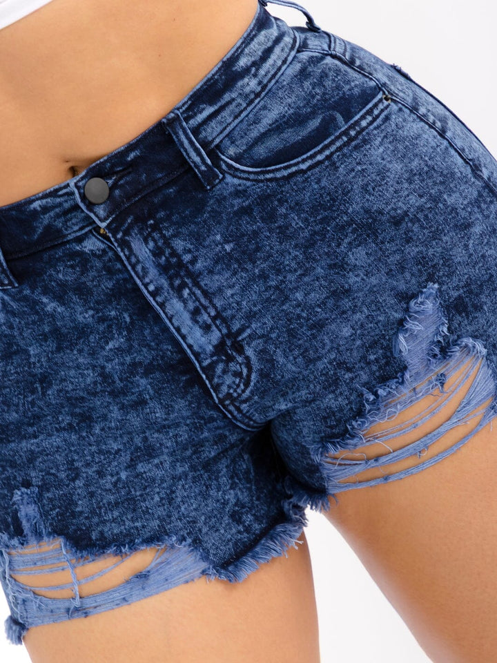 WOMEN'S BUTTON CLOSURE POCKETS DISTRESS WASHED STRETCH DENIM MINI SHORTS