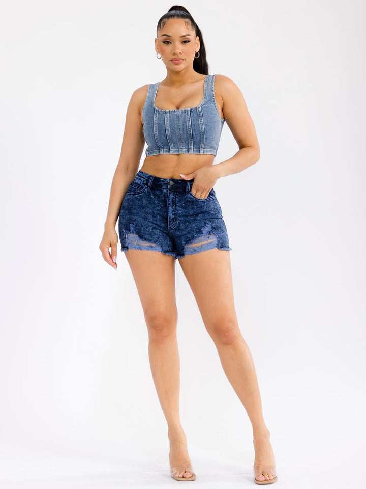 WOMEN'S SLEEVELESS SQUARE NECK STRETCH DENIM CROP TOP