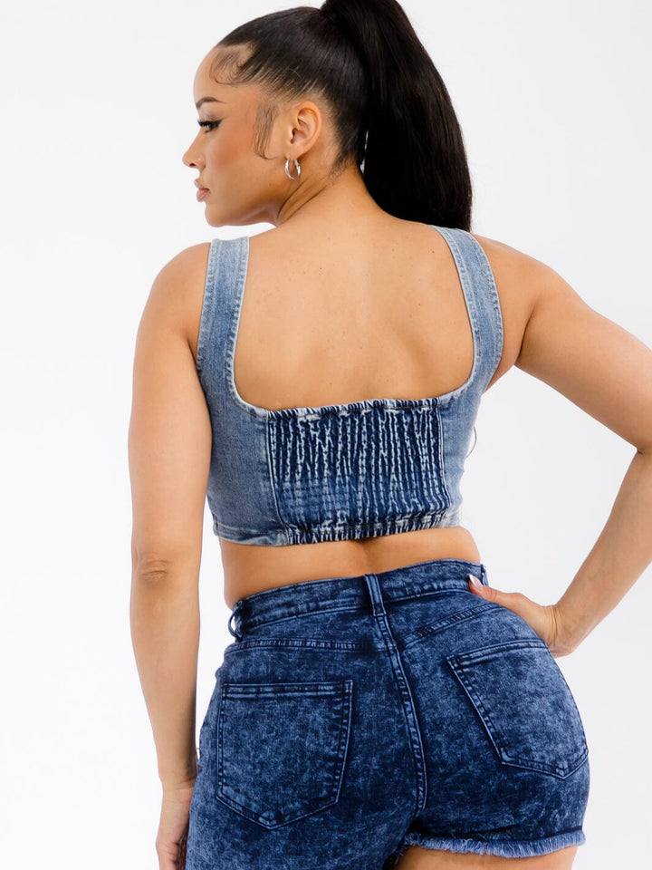 WOMEN'S SLEEVELESS SQUARE NECK STRETCH DENIM CROP TOP