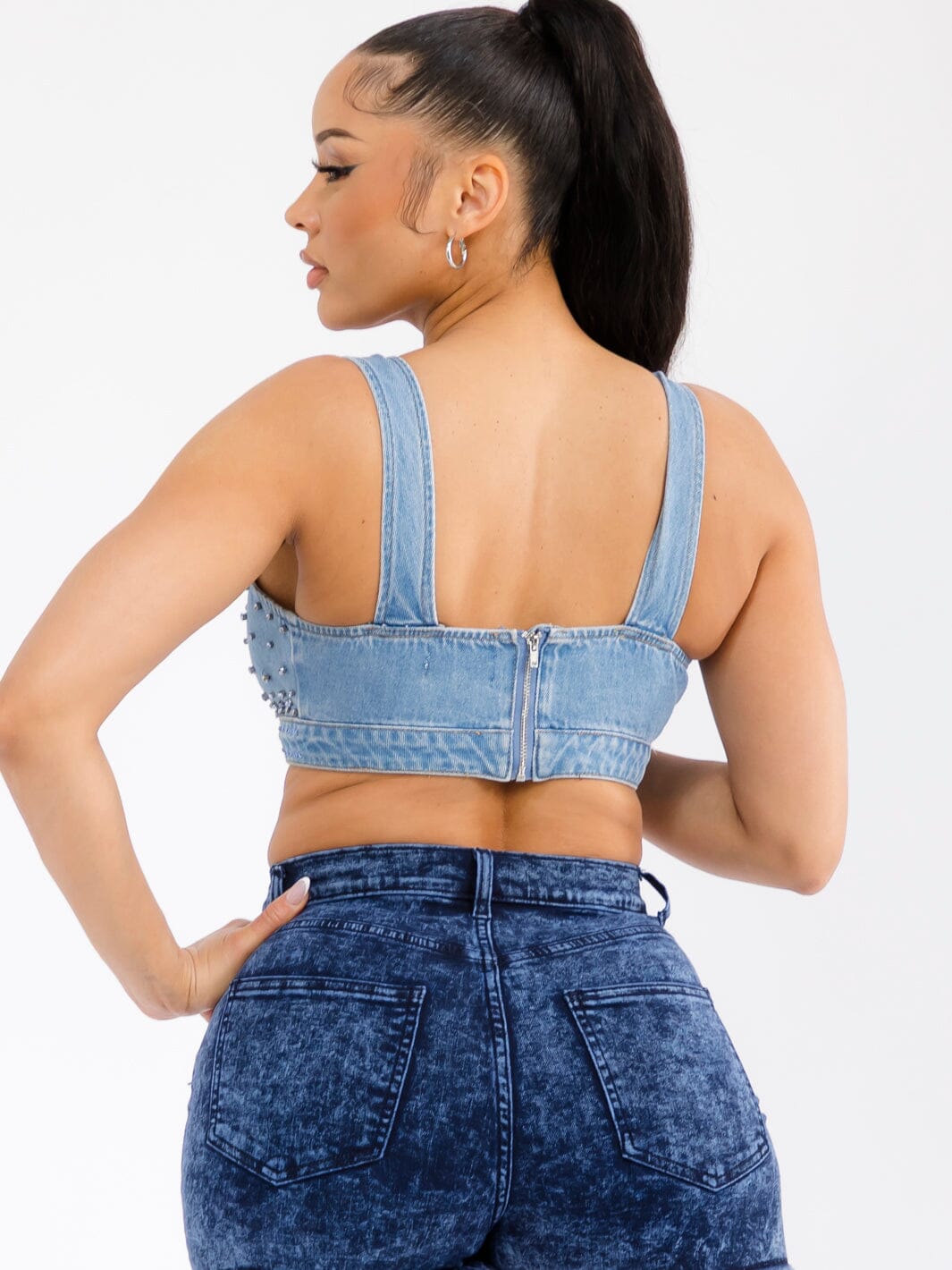 WOMEN'S SLEEVELESS V-NECK RHINESTONE DENIM CROP TOP