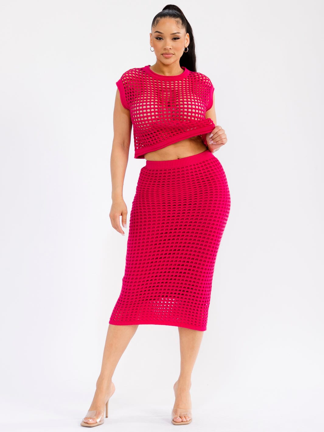 WOMEN'S SHORT SLEEVE TOP & ELASTIC WAIST MAXI SKIRT CROCHET 2PC. SET