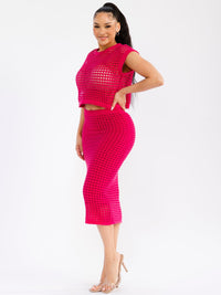 WOMEN'S SHORT SLEEVE TOP & ELASTIC WAIST MAXI SKIRT CROCHET 2PC. SET