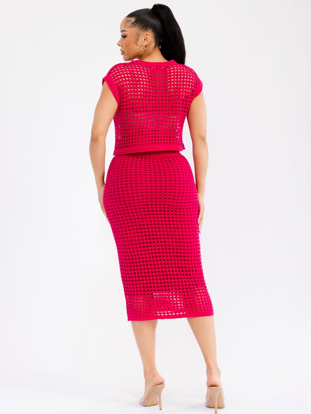 WOMEN'S SHORT SLEEVE TOP & ELASTIC WAIST MAXI SKIRT CROCHET 2PC. SET