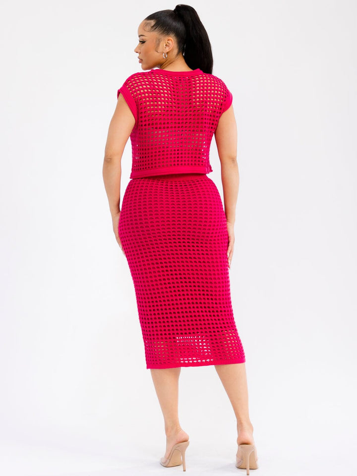 WOMEN'S SHORT SLEEVE TOP & ELASTIC WAIST MAXI SKIRT CROCHET 2PC. SET