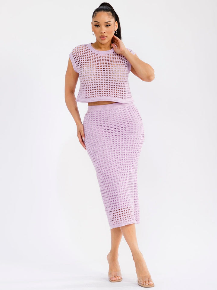 WOMEN'S SHORT SLEEVE TOP & ELASTIC WAIST MAXI SKIRT CROCHET 2PC. SET