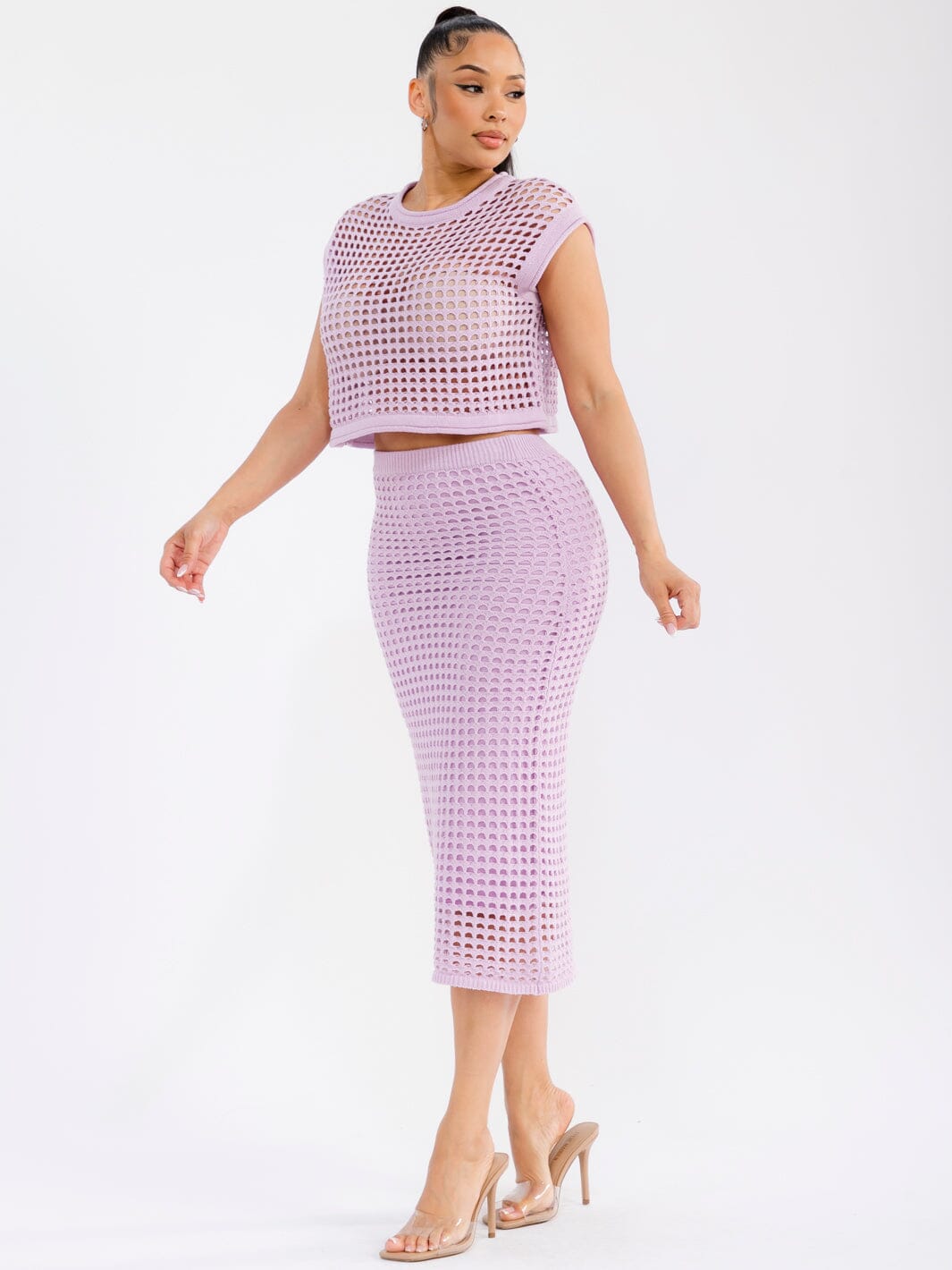 WOMEN'S SHORT SLEEVE TOP & ELASTIC WAIST MAXI SKIRT CROCHET 2PC. SET