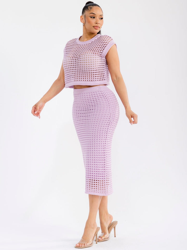 WOMEN'S SHORT SLEEVE TOP & ELASTIC WAIST MAXI SKIRT CROCHET 2PC. SET