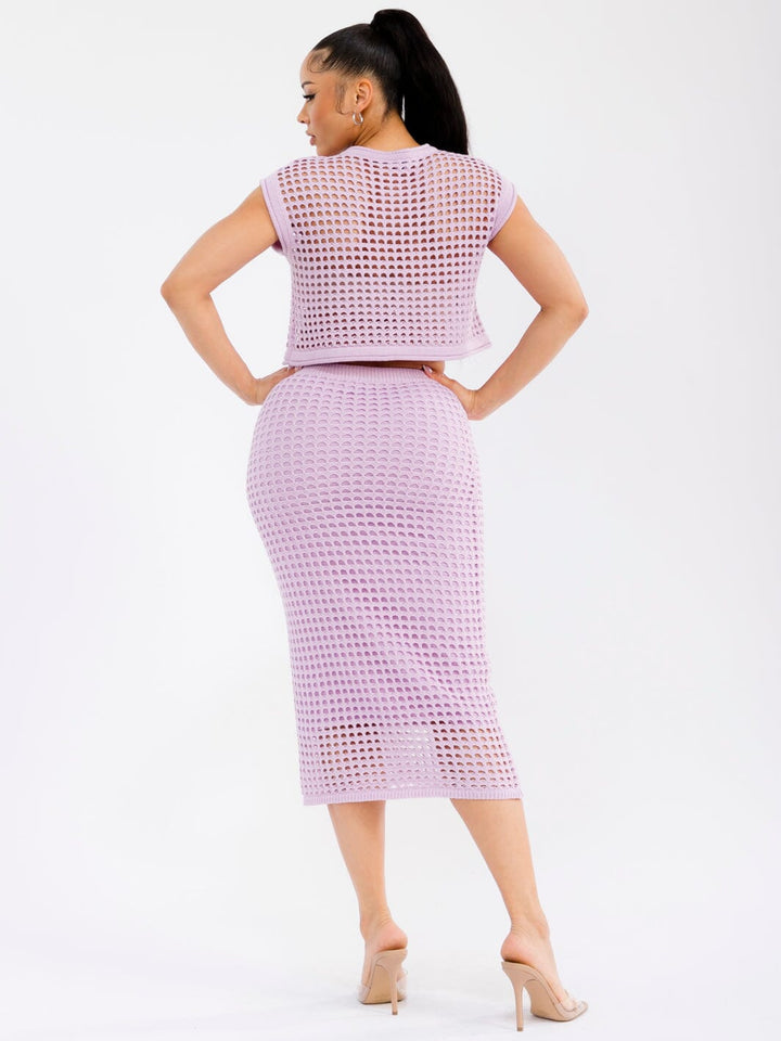 WOMEN'S SHORT SLEEVE TOP & ELASTIC WAIST MAXI SKIRT CROCHET 2PC. SET