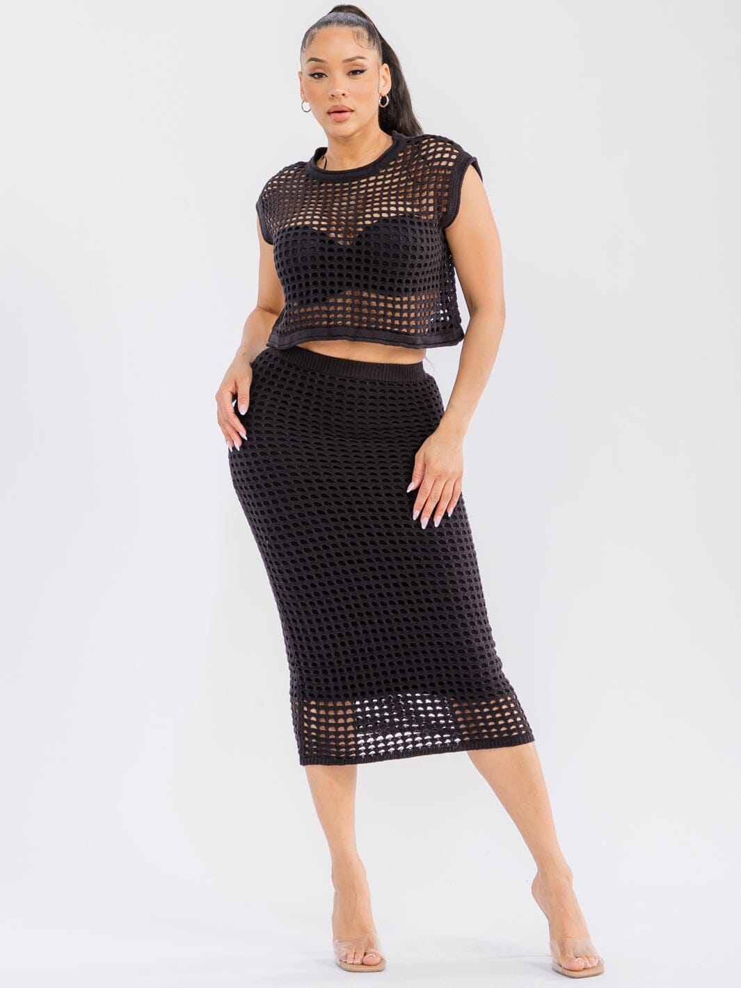 WOMEN'S SHORT SLEEVE TOP & ELASTIC WAIST MAXI SKIRT CROCHET 2PC. SET