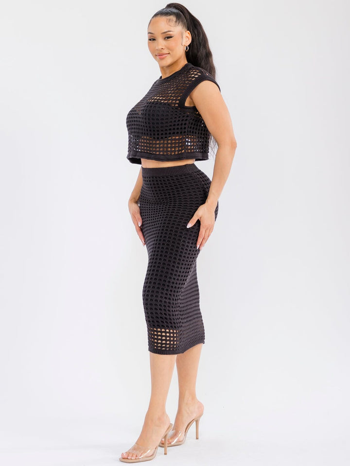 WOMEN'S SHORT SLEEVE TOP & ELASTIC WAIST MAXI SKIRT CROCHET 2PC. SET