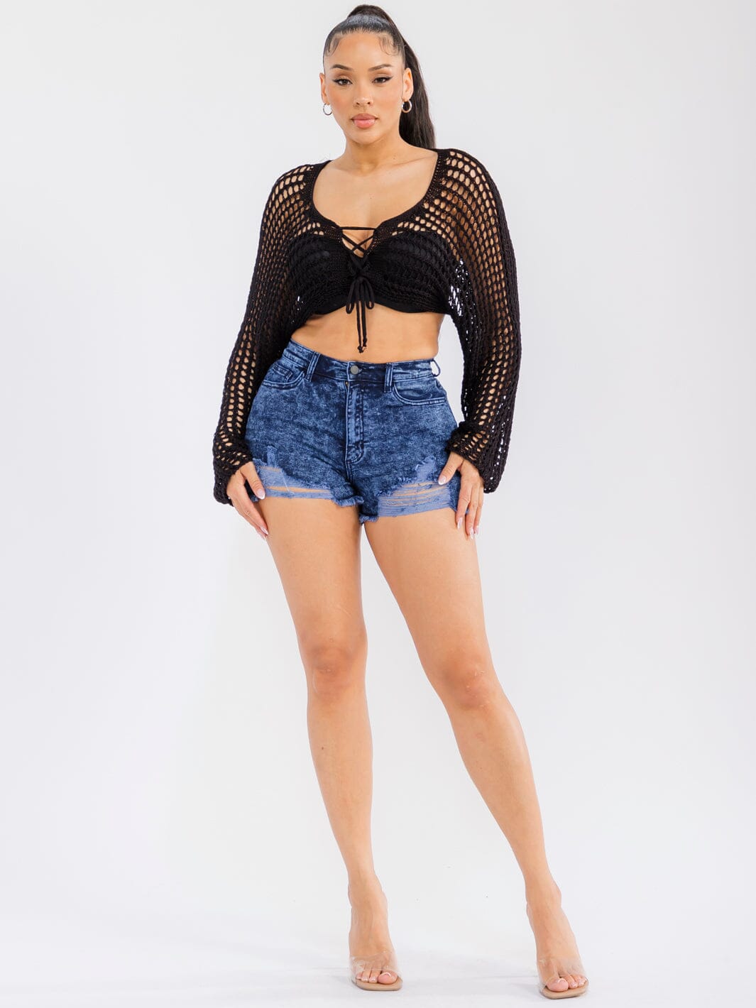 WOMEN'S LONG SLEEVE FRONT TIE CROCHET CROP TOP