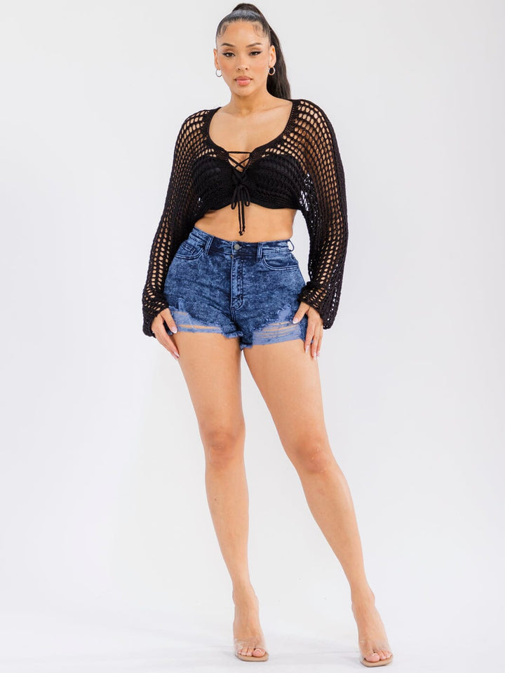 WOMEN'S LONG SLEEVE FRONT TIE CROCHET CROP TOP