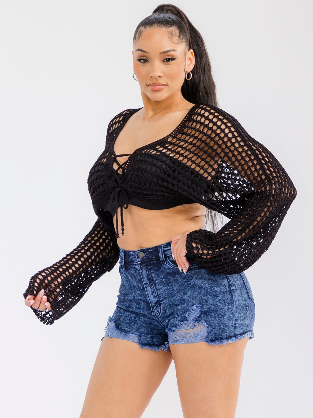 WOMEN'S LONG SLEEVE FRONT TIE CROCHET CROP TOP