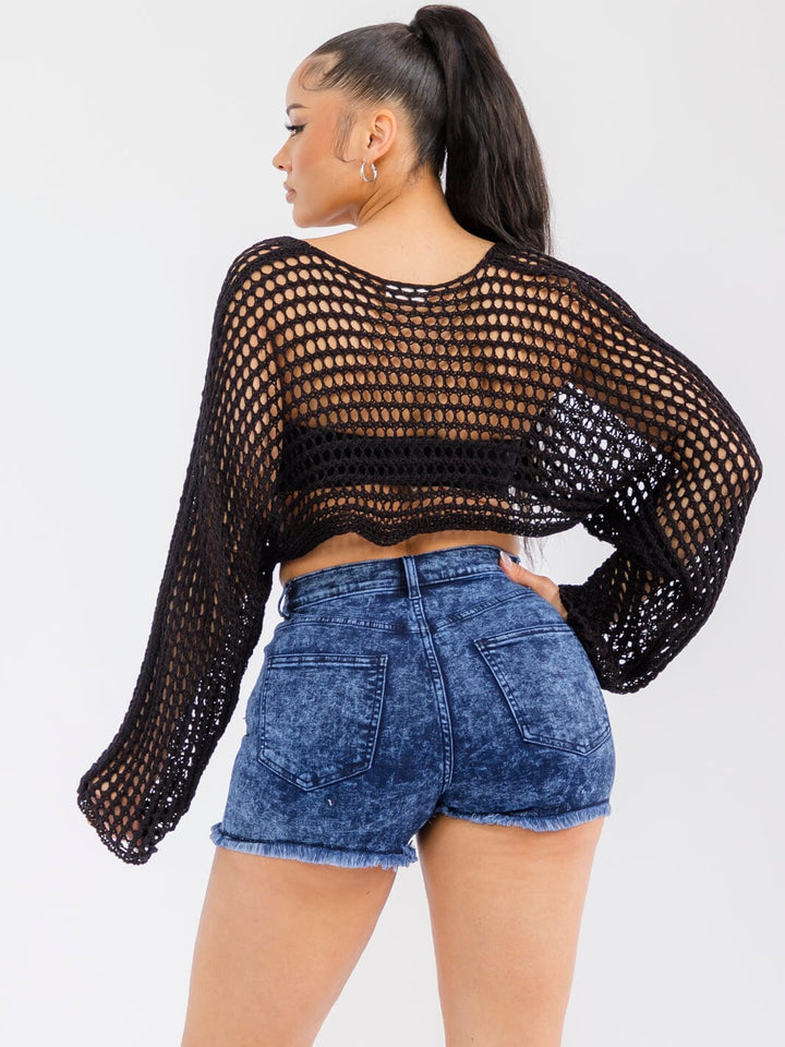 WOMEN'S LONG SLEEVE FRONT TIE CROCHET CROP TOP