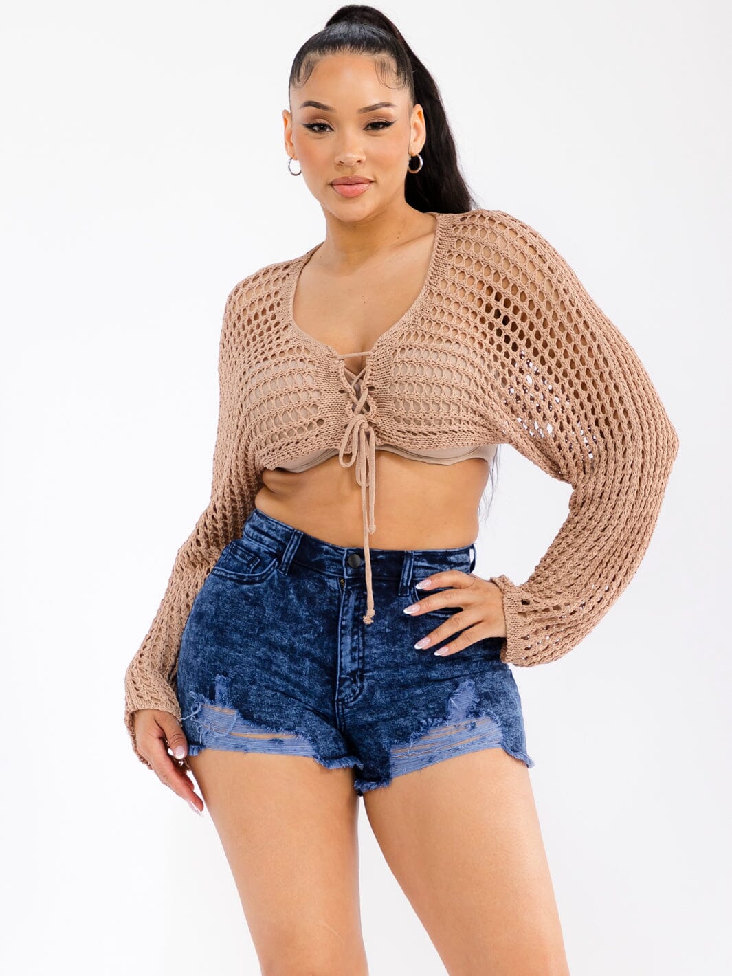 WOMEN'S LONG SLEEVE FRONT TIE CROCHET CROP TOP