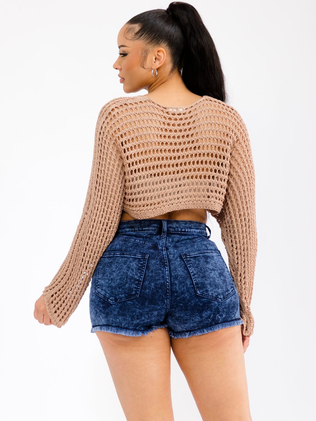 WOMEN'S LONG SLEEVE FRONT TIE CROCHET CROP TOP