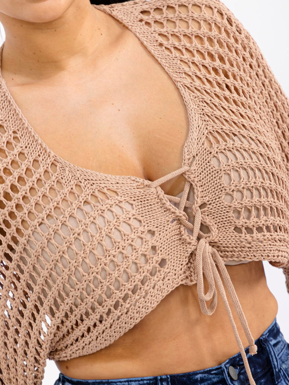 WOMEN'S LONG SLEEVE FRONT TIE CROCHET CROP TOP