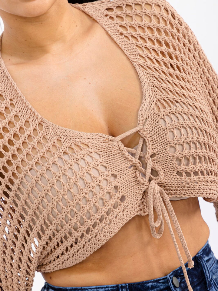 WOMEN'S LONG SLEEVE FRONT TIE CROCHET CROP TOP