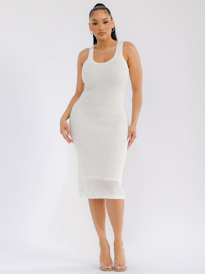 WOMEN'S SLEEVELESS BODYCON CROCHET SEQUINS MIDI DRESS