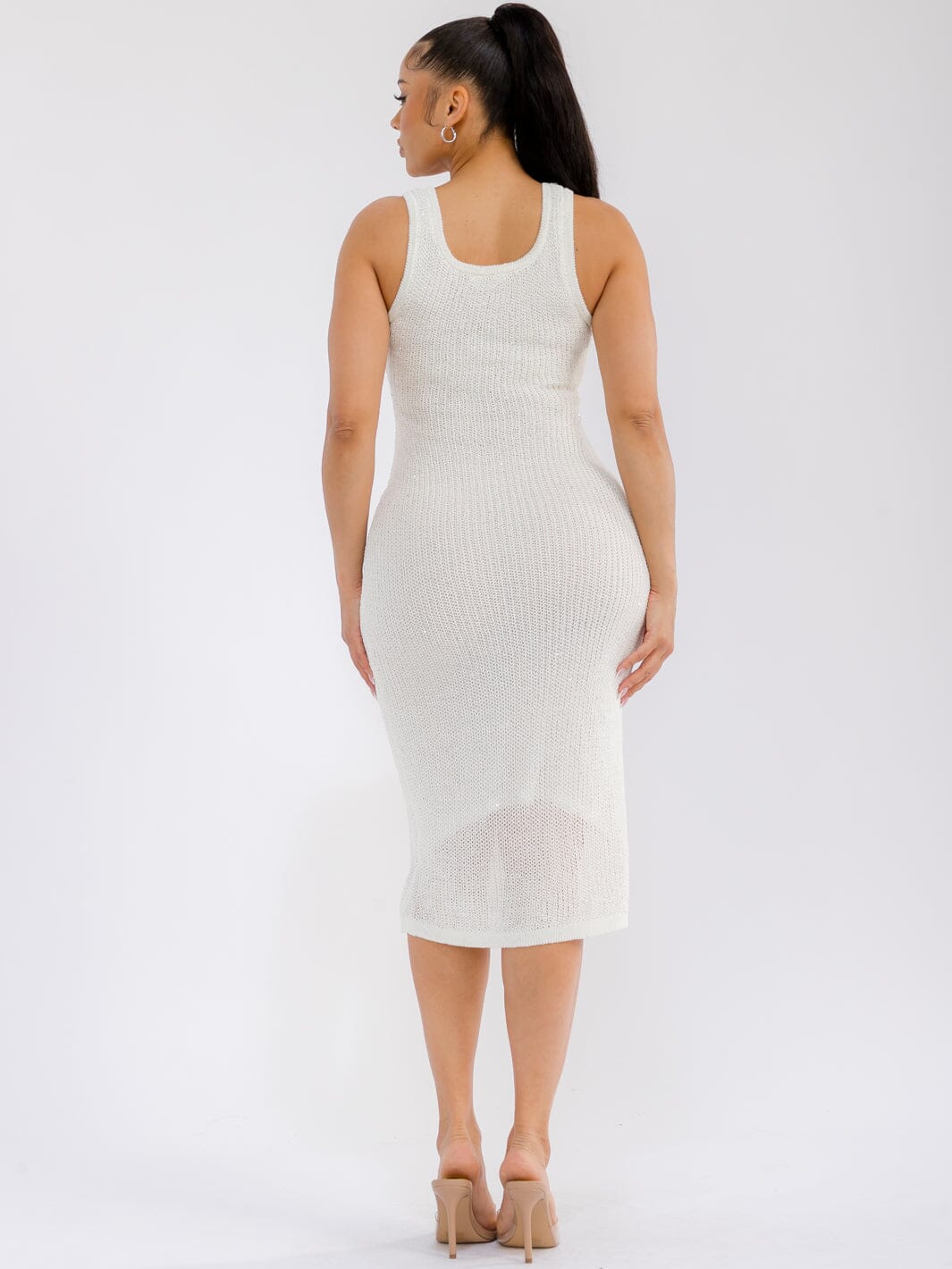 WOMEN'S SLEEVELESS BODYCON CROCHET SEQUINS MIDI DRESS