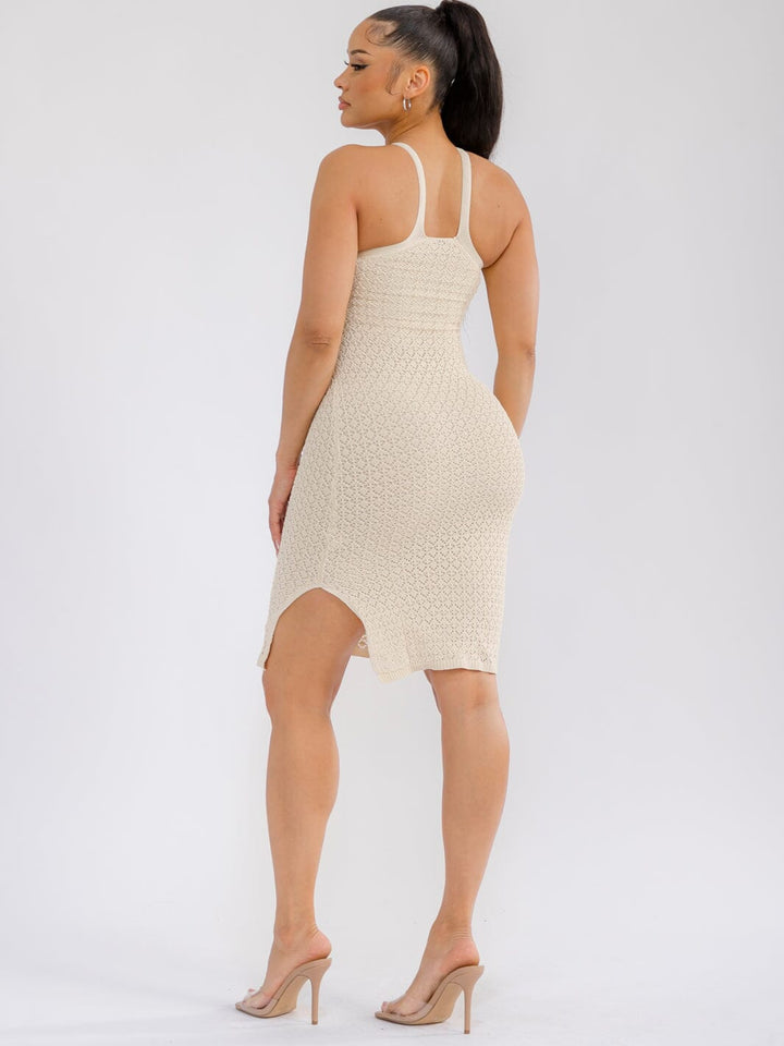 WOMEN'S SLEEVELESS SIDE SLIT BODYCON CROCHET MINI DRESS