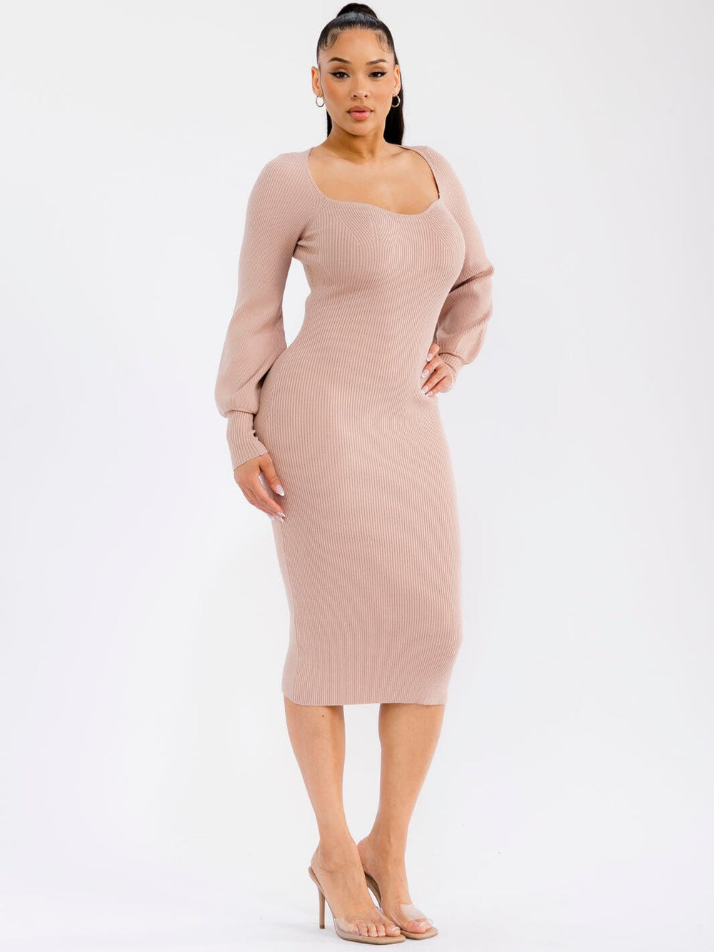 WOMEN'S LONG SLEEVE RIBBED BODYCON MIDI DRESS