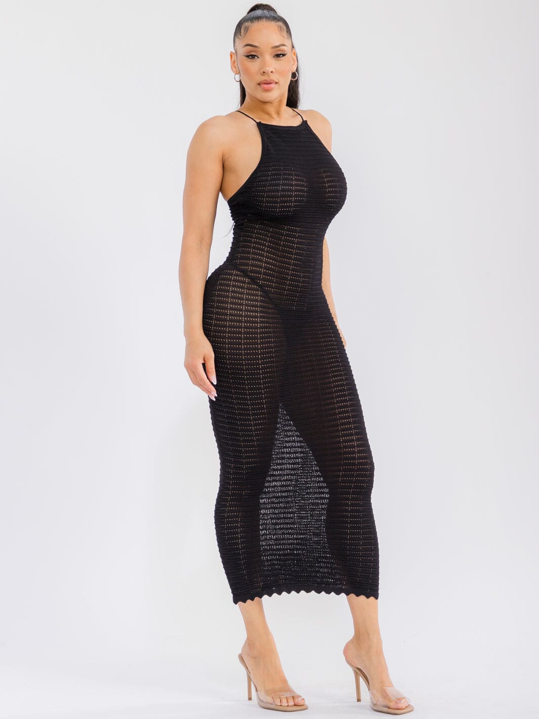 WOMEN'S SLEEVELESS OPEN BACK BODYCON CROCHET MAXI DRESS