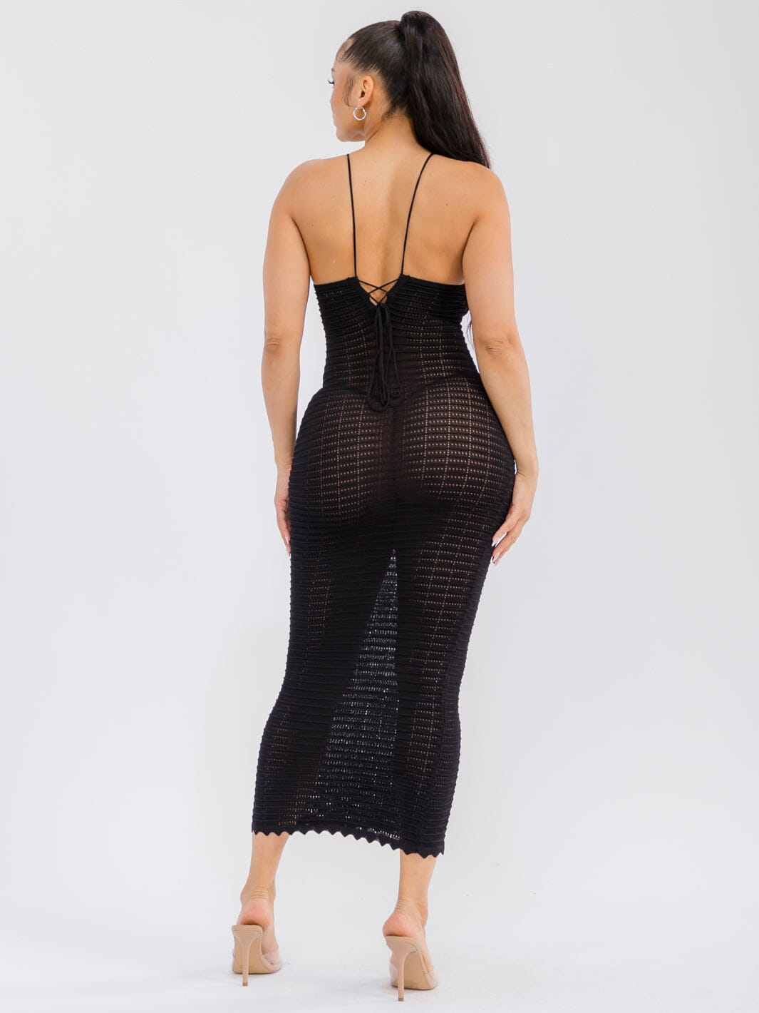 WOMEN'S SLEEVELESS OPEN BACK BODYCON CROCHET MAXI DRESS