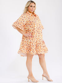 PLUS SIZE SHORT SLEEVE BUTTON UP FRONT POCKETS RUFFLE FLORAL MINI DRESS