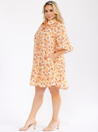 PLUS SIZE SHORT SLEEVE BUTTON UP FRONT POCKETS RUFFLE FLORAL MINI DRESS
