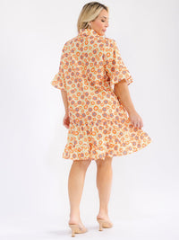 PLUS SIZE SHORT SLEEVE BUTTON UP FRONT POCKETS RUFFLE FLORAL MINI DRESS