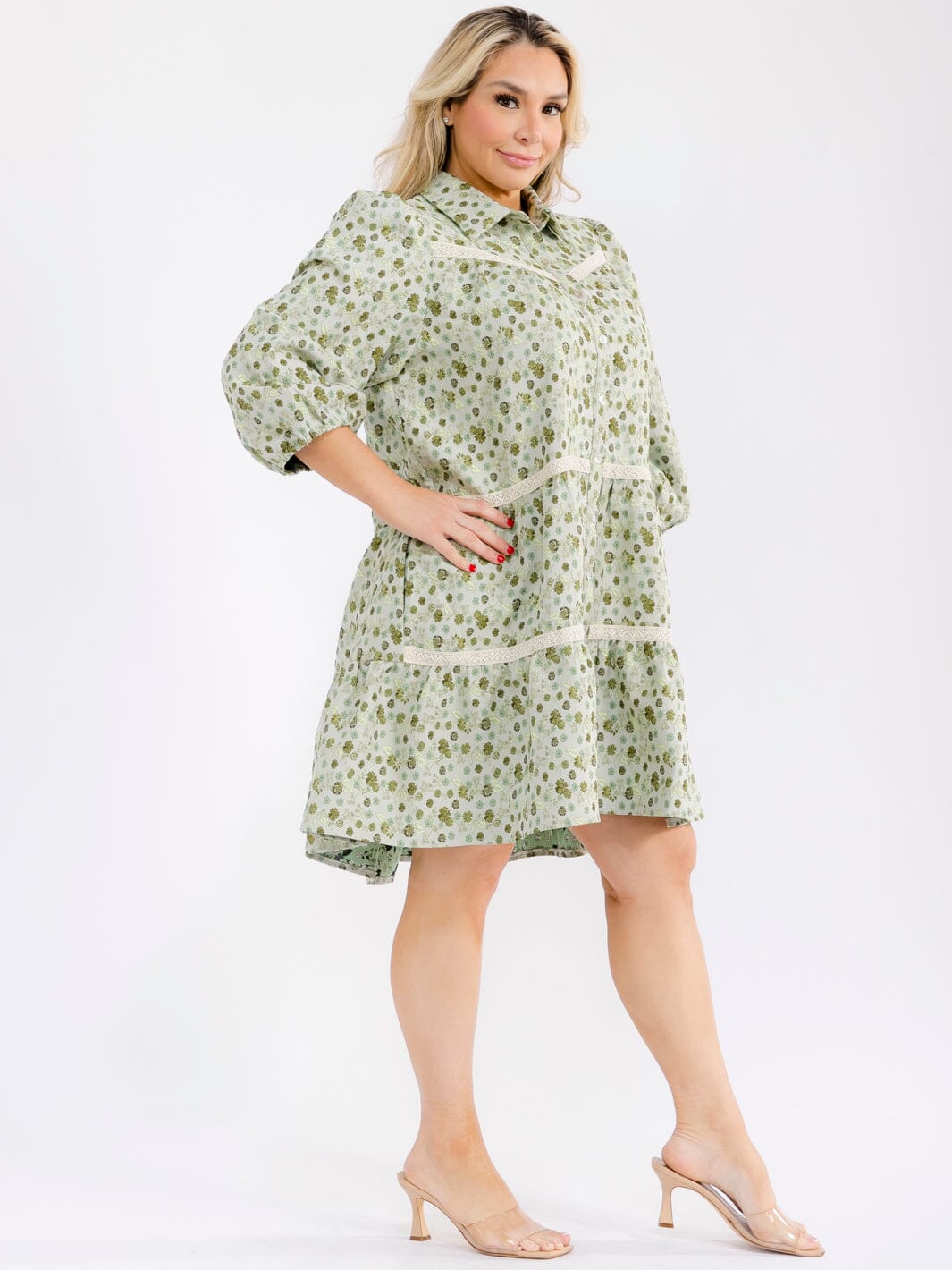 PLUS SIZE 3/4 SLEEVE BUTTON UP FRONT FRONT POCKETS FLORAL PRINT MINI DRESS