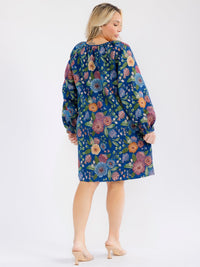 PLUS SIZE LONG SLEEVE FRONT FRONT POCKETS FLORAL PRINT MINI DRESS