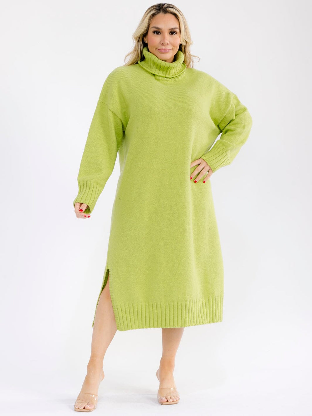 PLUS SIZE LONG SLEEVE TURTLE NECK SIDE SLIT MAXI DRESS
