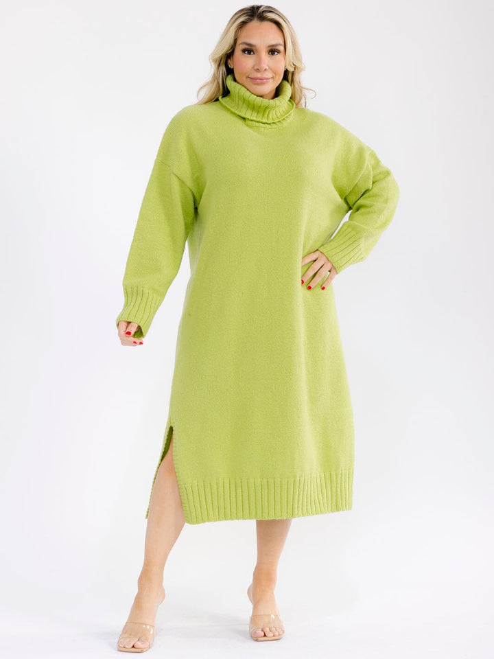 PLUS SIZE LONG SLEEVE TURTLE NECK SIDE SLIT MAXI DRESS
