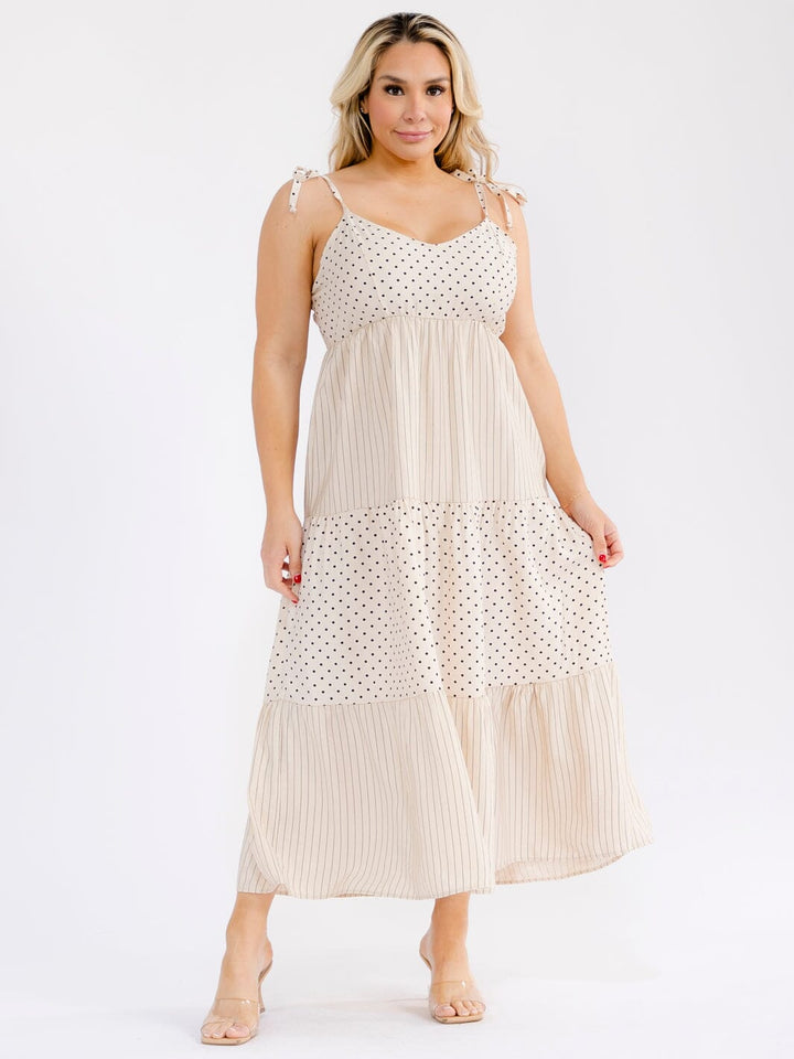 PLUS SIZE SLEEVELESS V-NECK SMOCK TIERED POLKA DOTS & STRIPES MAXI DRESS