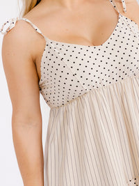 PLUS SIZE SLEEVELESS V-NECK SMOCK TIERED POLKA DOTS & STRIPES MAXI DRESS