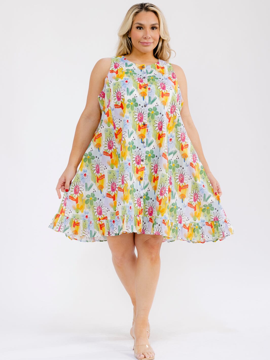 PLUS SIZE SLEEVELESS BUTTON UP FLORAL PRINT TUNIC MINI DRESS