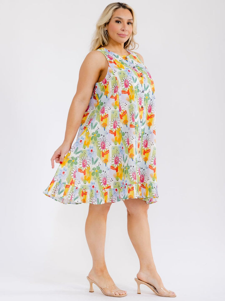 PLUS SIZE SLEEVELESS BUTTON UP FLORAL PRINT TUNIC MINI DRESS
