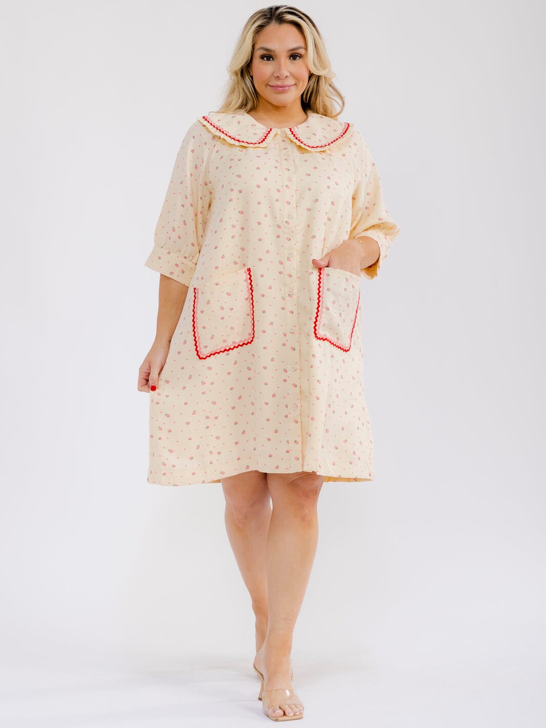 PLUS SIZE SHORT SLEEVE BUTTON UP FRONT POCKETS STRAWBERRY PRINT MINI DRESS