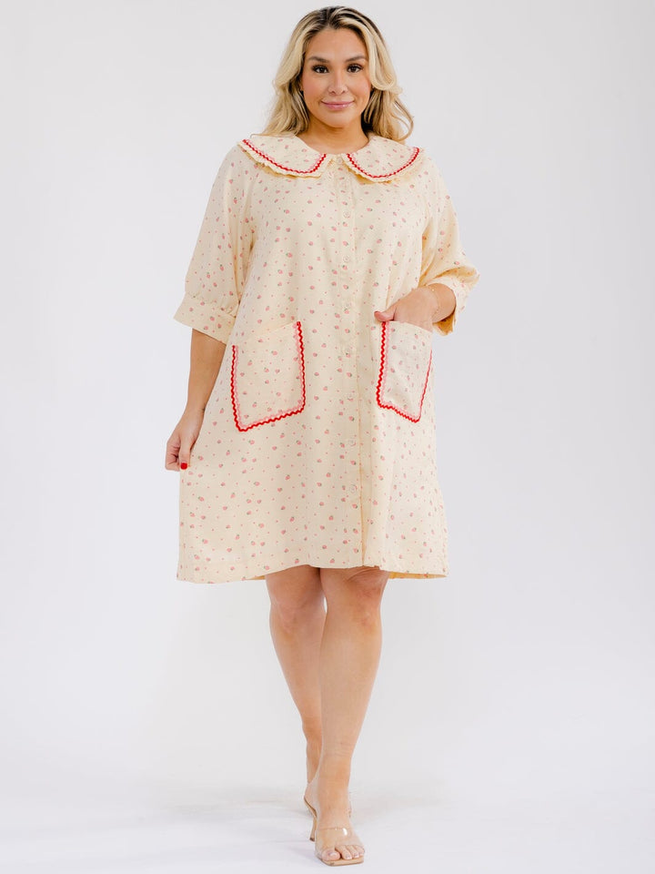 PLUS SIZE SHORT SLEEVE BUTTON UP FRONT POCKETS STRAWBERRY PRINT MINI DRESS
