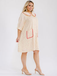 PLUS SIZE SHORT SLEEVE BUTTON UP FRONT POCKETS STRAWBERRY PRINT MINI DRESS
