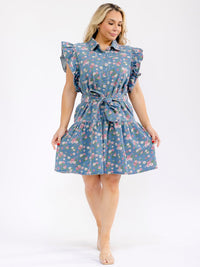 PLUS SIZE RUFFLE SLEEVE BUTTON UP SELFT TIE FLORAL DENIM MINI DRESS