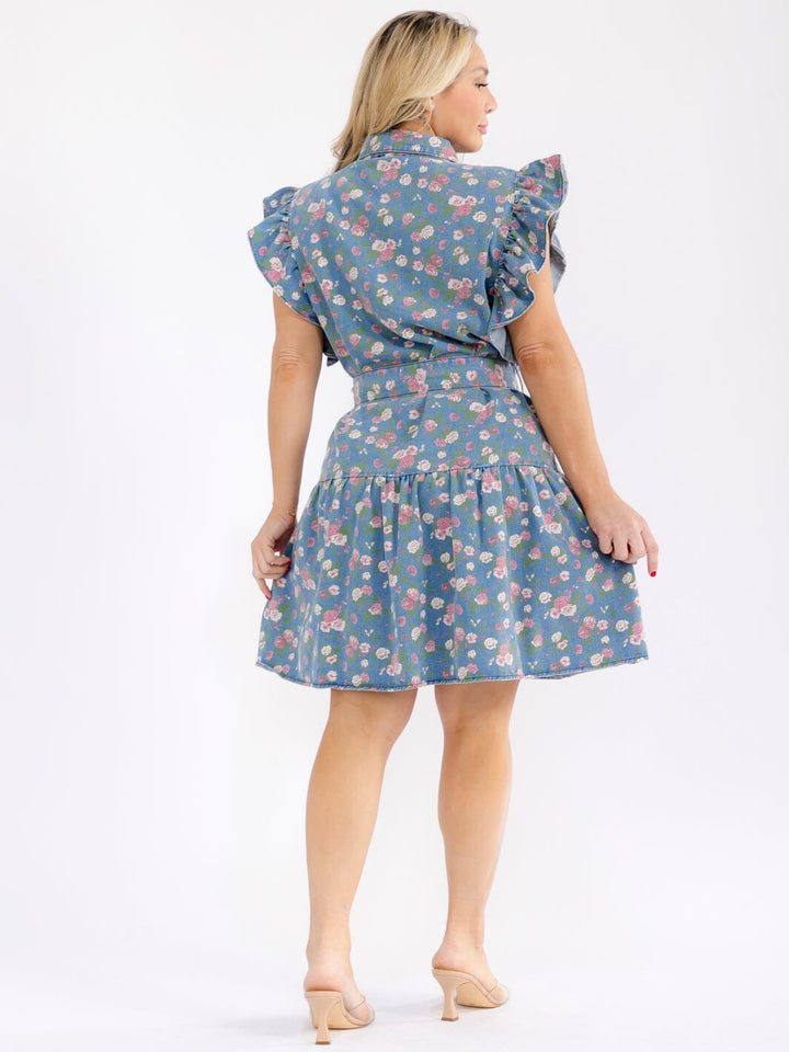 PLUS SIZE RUFFLE SLEEVE BUTTON UP SELFT TIE FLORAL DENIM MINI DRESS