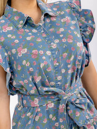 PLUS SIZE RUFFLE SLEEVE BUTTON UP SELFT TIE FLORAL DENIM MINI DRESS