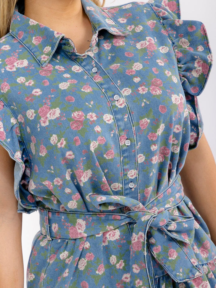 PLUS SIZE RUFFLE SLEEVE BUTTON UP SELFT TIE FLORAL DENIM MINI DRESS